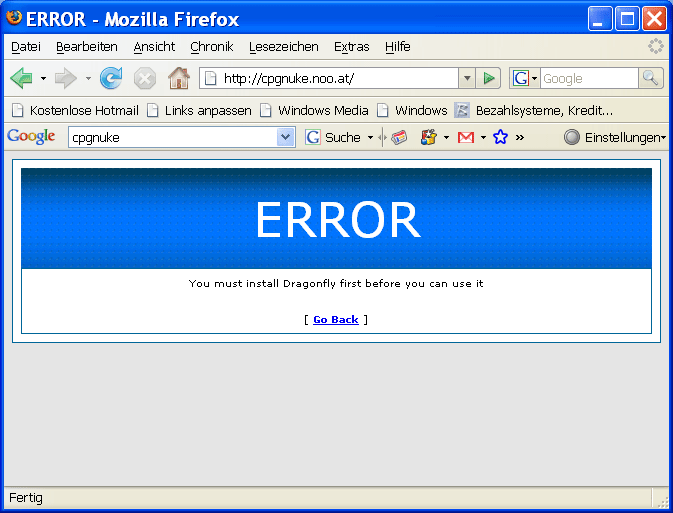 CPG-CMS Dragonfly CMS Error