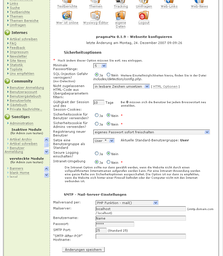 Grundeinstellungen für die Webseite