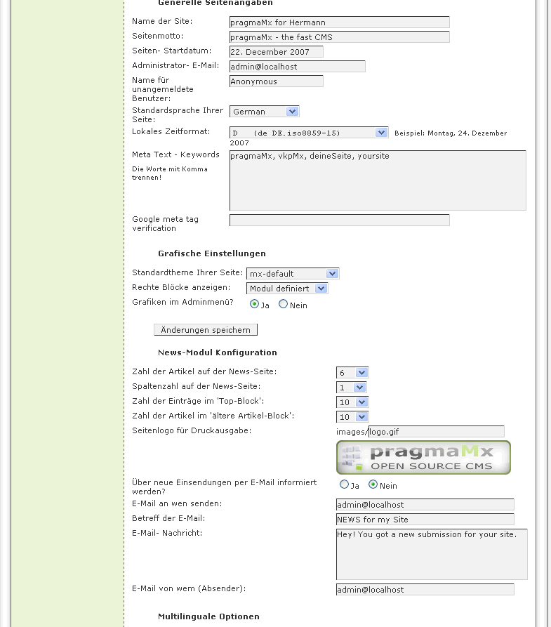 Grundeinstellungen für die Webseite