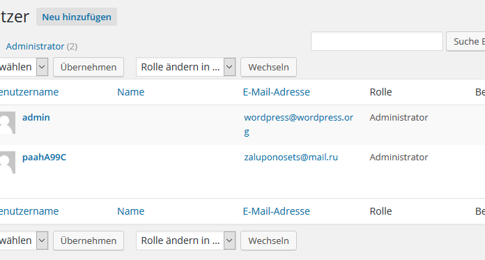 WordPress Hackerangriff durch zaluponosets@mail.ru wordpress-administrator